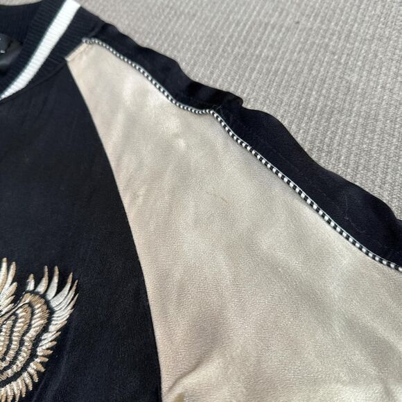 Black Satin Bomber Jacket w/ Embroidered Hawk + Rose Patches Japanese Style XS - Picture 6 of 8